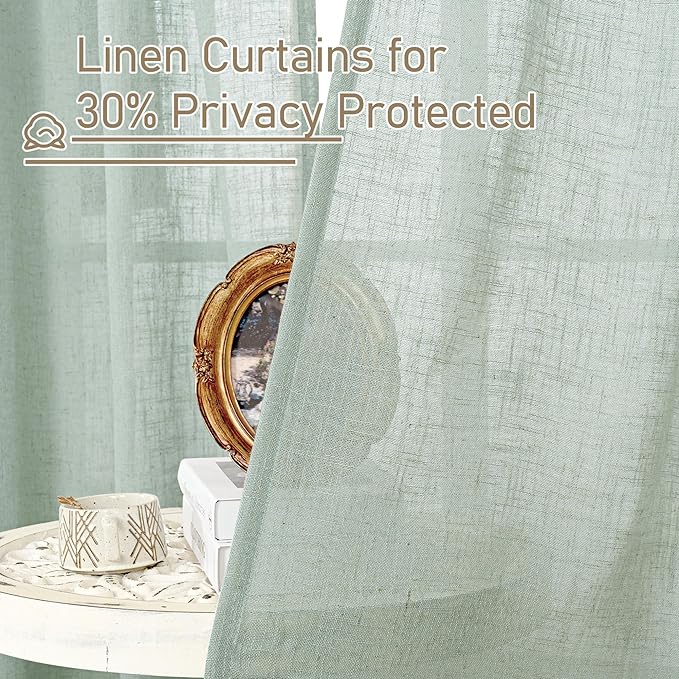 LAMIT 54 Inch Semi Sheer Window Linen Curtains, Light Filtering Panels Back Tab and Rod Pocket Neutral Drapes for Bedroom/Living Room, Light Sage, 2 Panels, 34 x 54 Inch