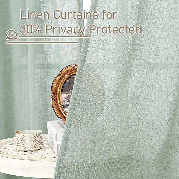 LAMIT Small Window Linen Curtains 45 Inch Length, Light Filtering Panels Back Tab and Rod Pocket Neutral Drapes for Cafe/Bathroom/Loft Room, Light Sage, 2 Panels, 34 x 45 Inch