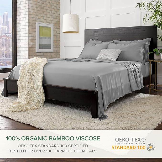 Twin XL Sheets by Pure Bamboo, Genuine 100% Organic Viscose Derived from Bamboo Bed Sheet Set, Luxuriously Soft & Cooling, Double Stitching, Lifetime Quality Promise (Twin XL, Stone Grey)