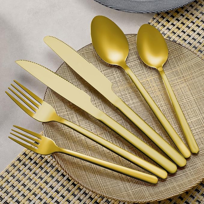 48 Pcs Gold Silverware Set with Steak Knives, Food-Grade Stainless Steel Flatware Cutlery Set for 8, Mirror Polished Tableware Eating Utensils Set for Kitchen, Knife Fork Spoon Set, Dishwasher Safe
