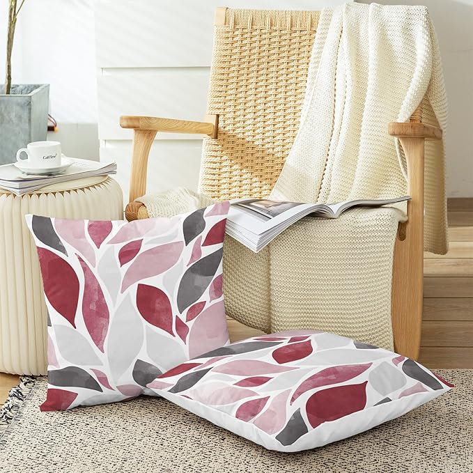 CaliTime Throw Pillow Cases Pack of 2 Cozy Fleece Falling Dahlia Floral Flowers Petals Decorative Cushion Covers for Couch Bed Sofa Farmhouse Decoration 16 X 16 Inches Burgundy Pink Grey