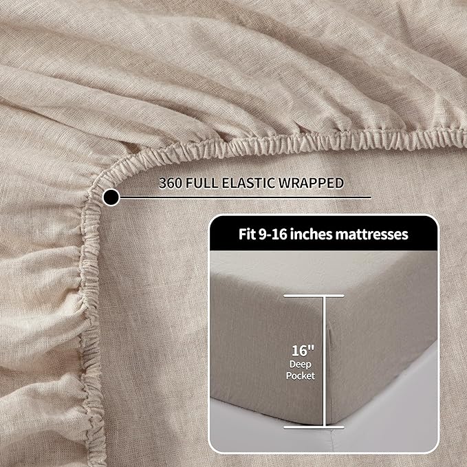 LBRO2M 100% Linen Sheet Set King Size, Bed Sheets 6 Piece Sets,Solid Color Natural Flax Bed Sheets Soft Breathable Bedding,16" Deep Pocket,All Season (King, Linen)