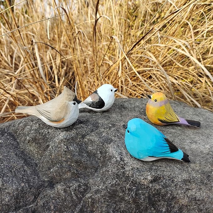 Handmade Wooden Carved Bird Decor Sculpted Hand-Painted Bird Figurines Small Home Decor Bird Statue Shelf Decor BFF Gifts for Bird Lovers (Suit 2)