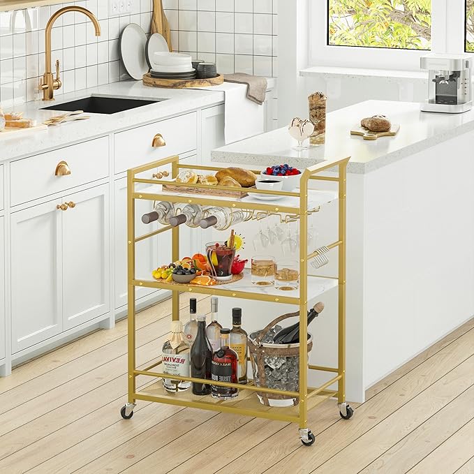 3 Tier Bar Cart, Home Bar Serving Cart with Wheels, Small Rolling Beverage Cart with Glass Holders, Mini Drink Cart with Wine Rack for Kitchen Dining Living Room Gold GBC507G