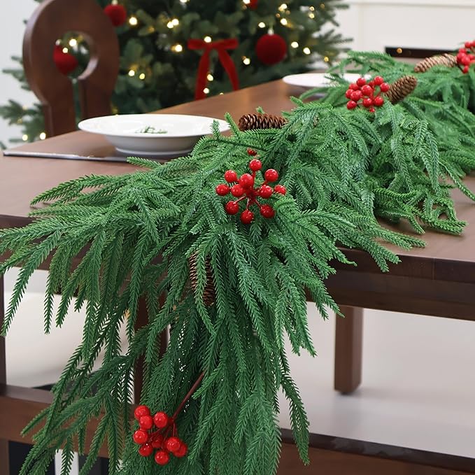 6FT Christmas Garland Real Touch Norfolk Pine Garland Faux Realistic Greenery Garland with Pine Cones and Berries for Mantle Fireplace Stairs Indoor Outdoor Decoration