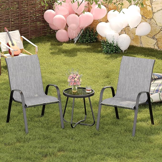 Amopatio 3 Piece Patio Set, Outdoor Stackable Dinging Chairs for All Weather, Breathable Garden Outdoor Furniture for Backyard Deck, Light Grey