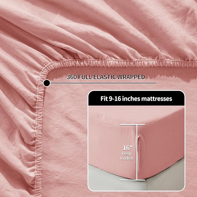 LBRO2M 100% Linen Sheet Set 16" Deep Pocket Full Size,Bed Sheets 4 Piece Sets,Solid Color Natural Flax Bed Sheets Soft Breathable Bedding, All Season (Full, Blush Pink)
