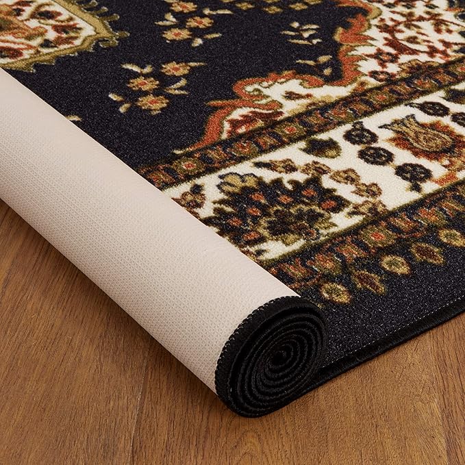 Antep Rugs Alfombras Oriental Traditional 5x7 Non-Skid (Non-Slip) Low Profile Pile Rubber Backing Indoor Area Rugs (Black, 5' x 7')