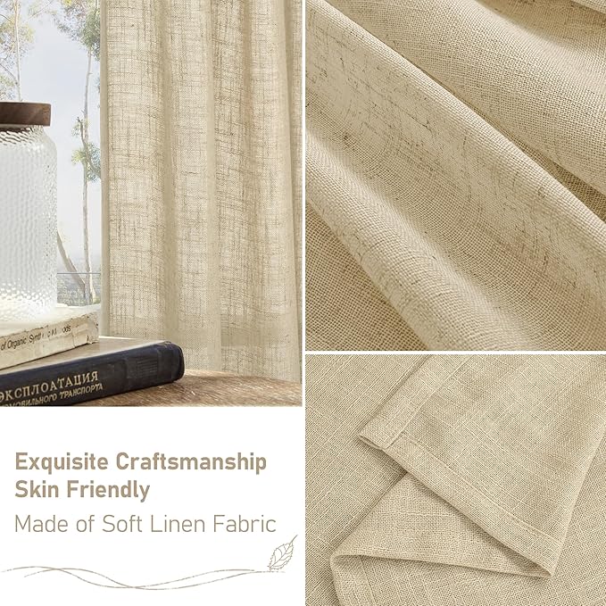 LAMIT 30 Inch Cafe Linen Curtains for Kitchen Window, Semi Sheer Light Filtering Short Curtains Back Tab and Rod Pocket Neutral Drapes for Bathroom/Basement, 2 Panels, Linen, 34 x 30 Inch