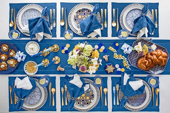 Solino Home Linen Indigo Blue Table Runner 72 Inches Long - 100% Pure Linen Hemstitch Table Runner 14 x 72 Inch for Dresser, Dining, Fall, Autumn, Halloween, Christmas - Classic Hemstitch