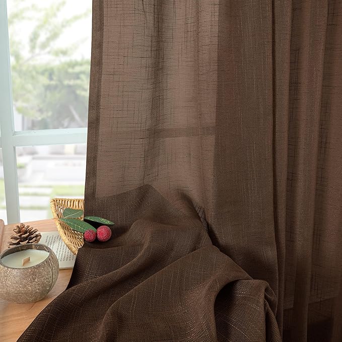 YoungsTex Brown Linen Curtains 80 Inch Length for Living Room - Light Filtering Semi Sheer Drapes Textured with Rod Pocket Back Tab for Dining Bedroom, 2 Panels, 52 X 80 Inch