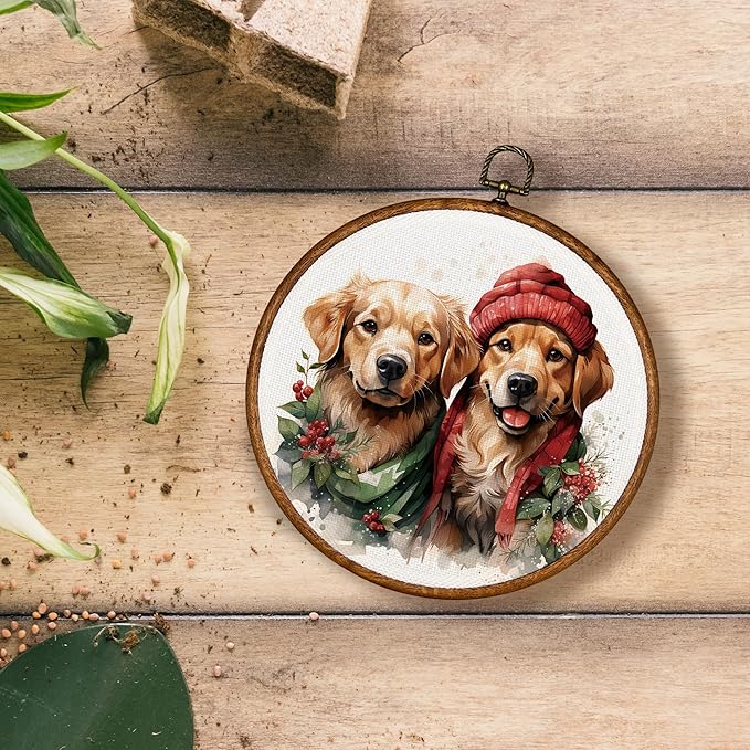KSDUT Dog Christmas Wall Decor Art - Cute Golden Retriever Wall Art Canvas Frame Hanging Prints, Dog Puppy Xmas Holiday Round Wall Art Decor for Home Bedroom Decorations 10"x10"