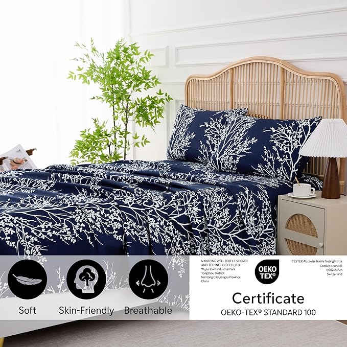 Spirit Linen Bed Sheets Queen Size - Pure Microfiber 4 Piece Polyester Bed Sheets - Soft Sheets Queen for All Seasons (Foliage Navy/White, Queen)