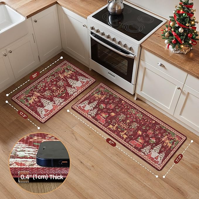 GENIMO Christmas Decorations - Kitchen Mats for Floor, 2PCS Christmas Kitchen Rugs, Cushioned Anti Fatigue Mat for Home Decor, Waterproof Non Slip Standing Mat for Laundry, 17.3"x47"+17.3"x30", Red