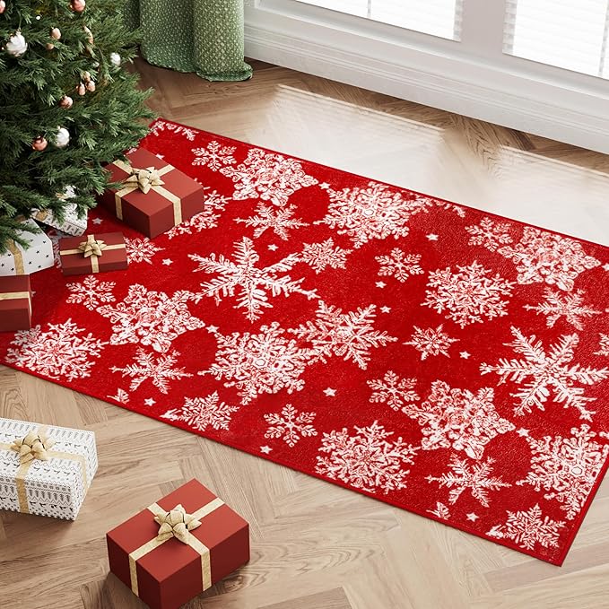 Christmas Red Area Rug 2x3 Washable Snowflake Entryway Carpet Non Slip Holiday Decor Doormat Xmas Kitchen Decorative Soft Low Pile Small Carpet for Bedroom Entrance Bathroom