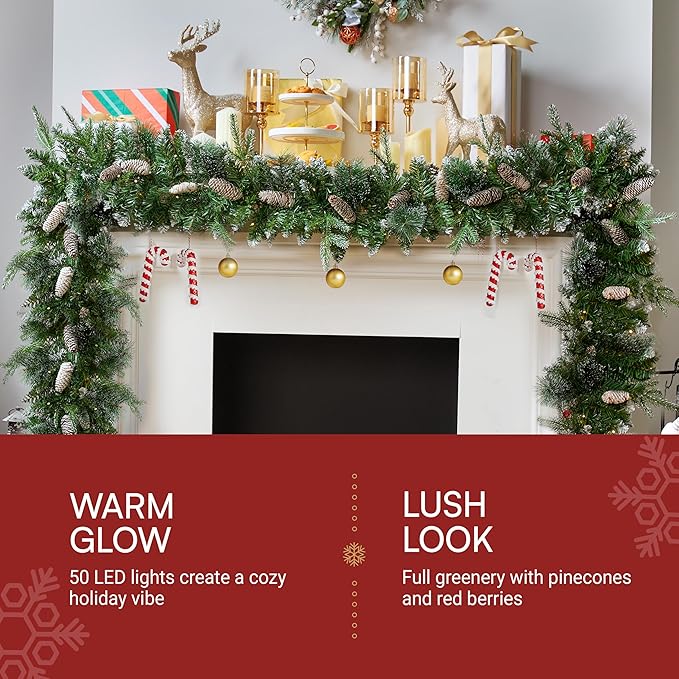 Joiedomi 9FT Christmas Flocked Garland (Cone) Pre Lit with 50 Count Warm White String Lights for Winter Christmas and Holidays, Decorated with Pine Cones, Plug in Lighted Pine Garland, Xmas Collection