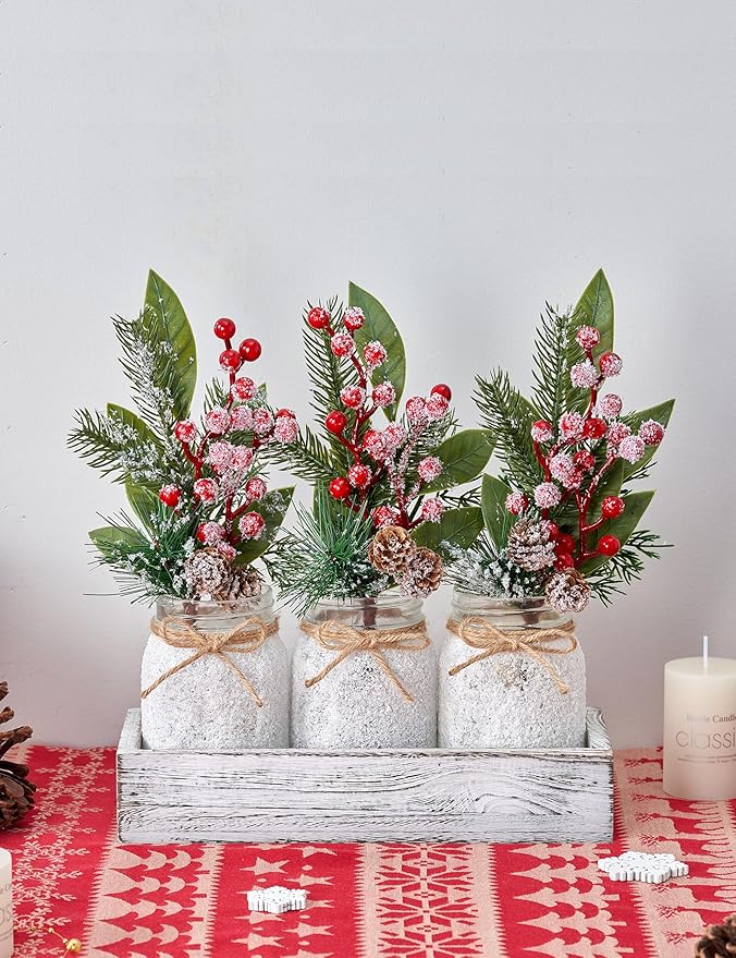 Christmas Centerpieces for Tables, Table Decor with Mason Jar, Flowers Picks, Farmhouse Wood Tray, Christmas Winter Table Decorations Centerpieces, Xmas Holiday, Kitchen, Room, Dining Decor