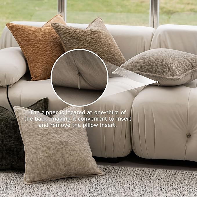 DWR Decorative Throw Pillow Covers Set of 2, 18x18 Crinkled Chenille Textured Cushion Covers for Couch, Sofa or Bed, Modern Rustic Home Accent in Dark Sage