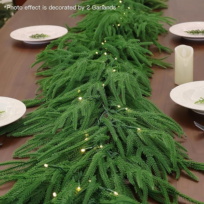 9FT Christmas Garland Prelit Real Touch Norfolk Pine Garland Artificial Realistic Greenery Garland for Mantle Fireplace Table Centerpiece Indoor Outdoor Home Decor