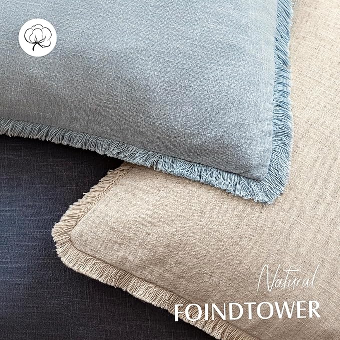 Foindtower Set of 2 Decorative Linen Fringe Throw Pillow Covers Boho Farmhouse Cushion Cover with Tassels Soft Accent Pillowcase for Couch Chair Sofa Bed Living Room Home Decor,24×24 Inch,Sky Blue