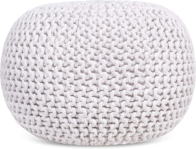 BIRDROCK HOME Round Pouf Ottoman | Cotton Braided Foot Stool with Bean Bag Filling | Boho Foot Rest for Living Room & Bedroom | Compact & Comfortable Seating, Lightweight & Soft | Ivory
