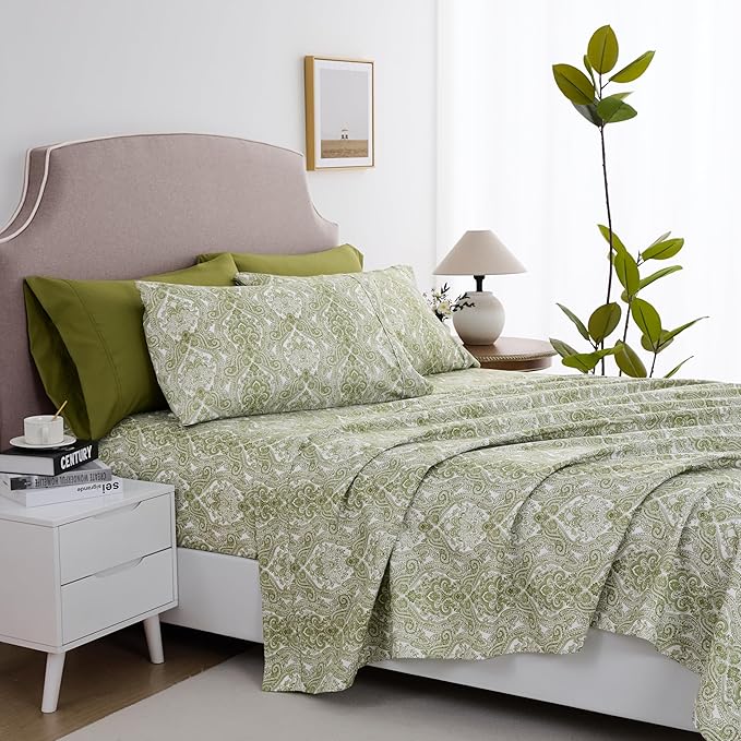 Spirit Linen home Twin Size Bed Sheets Set Deep Pockets - 6PC Paisley Ultra Soft Microfiber Bed Sheets - Easy to Clean, 90 Thread Count Sheets with Fitted Sheet, Flat Sheet & Pillowcases (Fern Green)