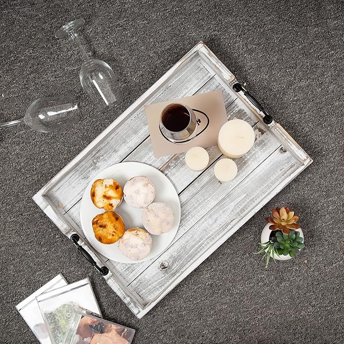 Rustic Vintage Big Wood Food Serving Trays with cutout Metal Handles(20 Inches) large Nesting Board Decorative Serving Trays Platter for Breakfast in Bed, Ottoman, Coffee Table, BBQ, Party(Gray white)