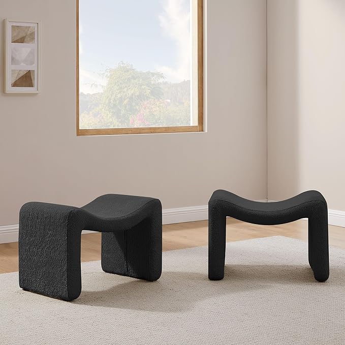 Modern Boucle Ottoman, Vanity Stool Chair, Foot Stool with Wooden Legs Sofa Bench Footstool Extra Seat for Vanity, Makeup Room, Living Room, Entryway, Set 2, Grey