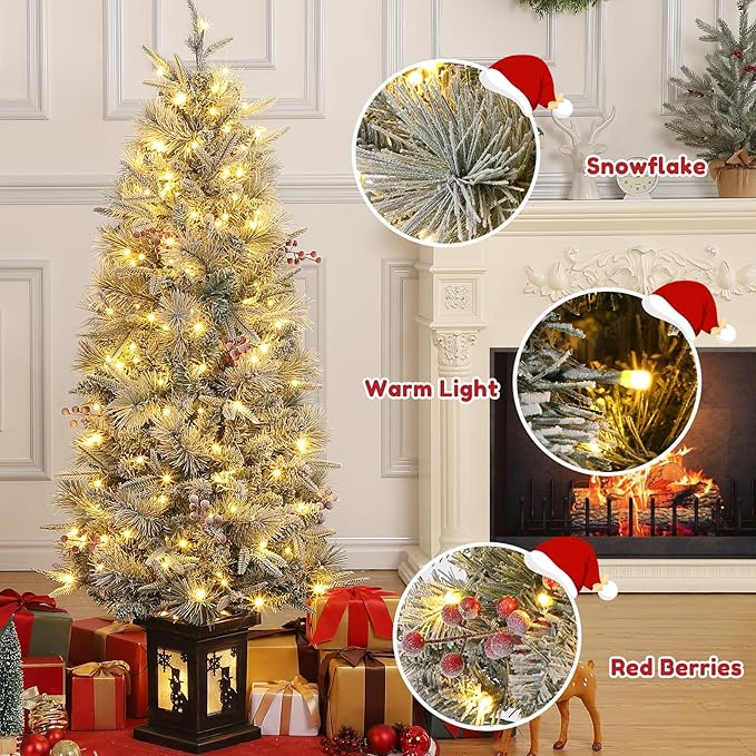 GarveeHome 4.5ft Pre-Lit Flocked Artificial Christmas Tree with Pine Cones, Artificial Xmas Tree w/ 386 Branch Tips & 200 Lights, Snowman Base for Home, Party Decoration,2 PCS