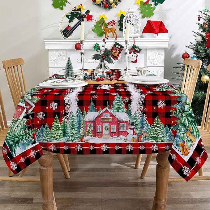 Christmas Tablecloth 60x104 Inches Rectangle - Xmas Decorations for Home - Red Christmas Table Cloth - Buffalo Plaid Decor for Home, Party, Kitchen