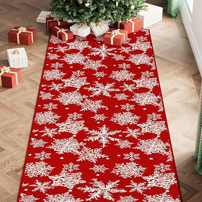 Red Runner Rug 2x8 Christmas Hallway Carpet Snowflake Washable Bedroom Carpet Xmas Holiday Decor Non Slip Kitchen Mat Indoor Accent Rug Decorative Dining Room Laundry Room Living Room
