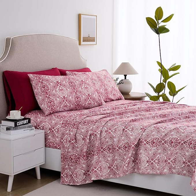 Full Size Bed Sheets Set Deep Pockets - 6PC Paisley Ultra Soft Microfiber Bed Sheets Set - Easy to Clean, 90 Thread Count Sheets with Fitted Sheet, Flat Sheet & Pillowcases (Burgundy)