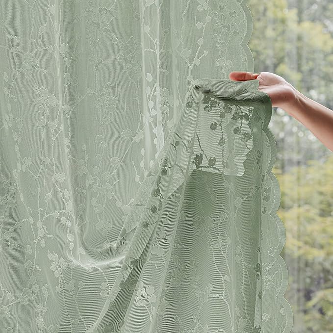 Sage Green Lace Semi-Sheer Curtains 2 Panels – Vintage Branch Pattern for Bedroom/Kitchen, Rustic Privacy Light Filtering Rod Pocket Drapes, Elegant Chic Window Treatments, 52W x 45L Inch