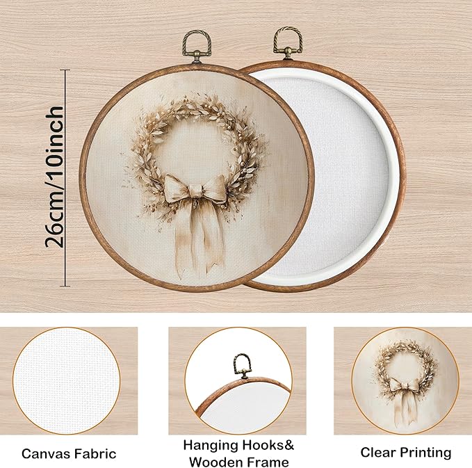 KSDUT Vintage Christmas Wall Decor Art - Retro Christmas Wreath Wall Art Canvas Frame Hanging Prints, Xmas Holiday Round Wall Art Decor for Home Farmhouse Decorations 10"x10"