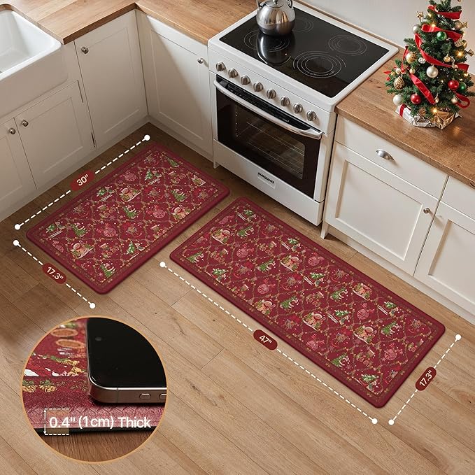 GENIMO Christmas Decorations - Kitchen Mats for Floor, 2PCS Christmas Kitchen Rugs, Cushioned Anti Fatigue Mat for Home Decor, Waterproof Non Slip Standing Mat for Laundry, 17.3"x47"+17.3"x30", Red