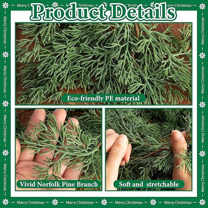 2 Pcs Christmas Norfolk Pine Garland, 6 Ft Dense Pines Realistic Touch Garland Ornaments, Greenery Artificial Pine Cypress Garlands for Christmas Holiday Mantle Fireplace Table Home Decor