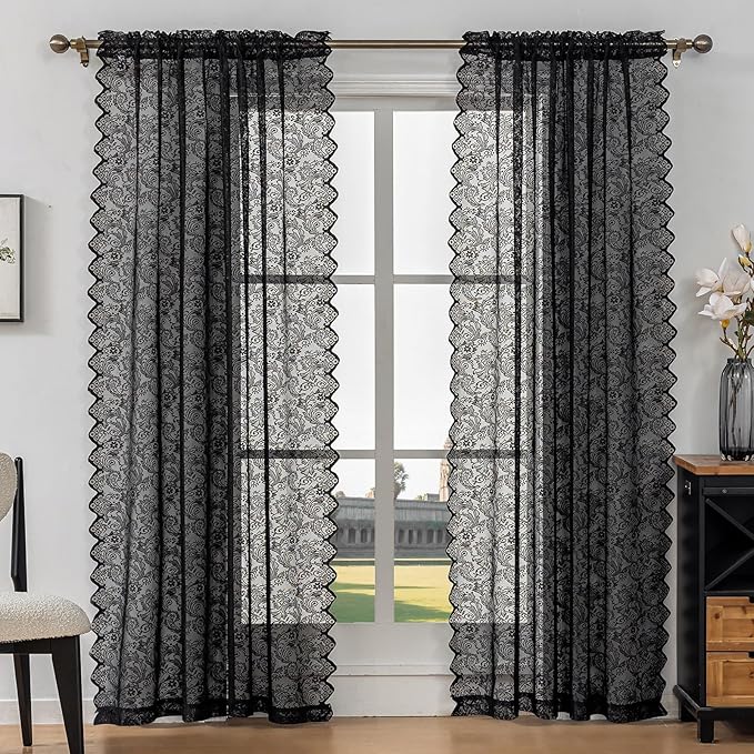 Black Lace Semi-Sheer Curtains 2 Panels – Vintage Floral Lace Halloween Curtains Gothic Privacy Light Filtering Rod Pocket Window Drapes for Bedroom Living Room, 52W x 45L Inch