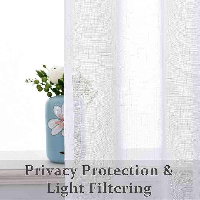 Randall Snow White Linen Sheer Curtain Panel Sets of 2 with Eyelets Open Weave Faux Linen Window Treament for Living Room Bedroom Farmhouse, Elegant Nickel Grommet Top-54x95 Inch