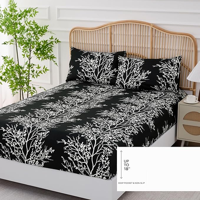 Spirit Linen Twin Sheets Sets - Pure Microfiber 3 Piece Polyester Bed Sheets - Twin Sheets for All Seasons (Foliage Black/White, Twin/Twin XL)