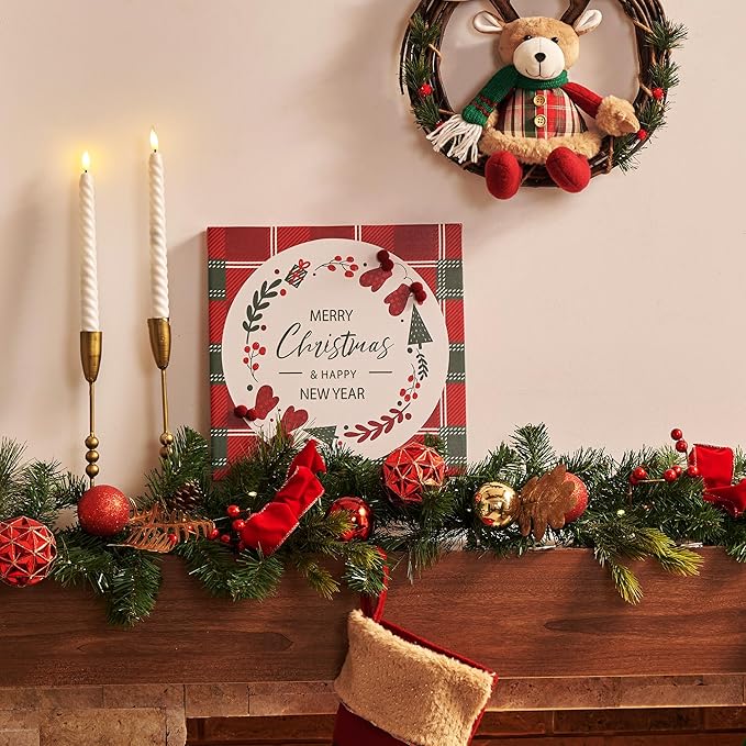 ArtbyHannah Christmas Canvas Wall Art Decor, 3D Textured & Holly Red Berry Wall Decor with Red & Green Plaid Prints for Home Kitchen Dining Party Bathroom Winter Holiday Xmas Decorations (16x16 inch)