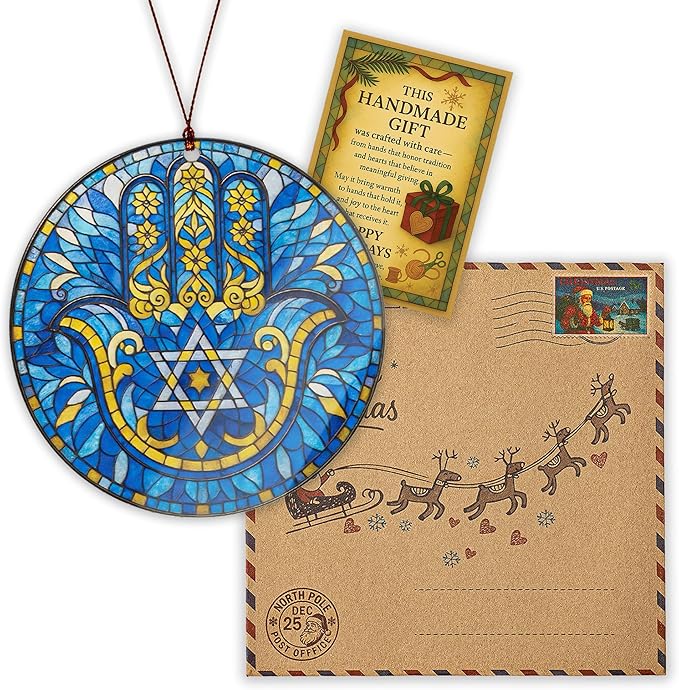 Hanukkah Ornaments Window Decorations with Hamsa Hand Design, Fatima Home Decor Ornament for Spiritual Good Luck, Housewarming Gifts for Mom Dad Friends, Jewish Holiday Decor, Hanukkah Gifts