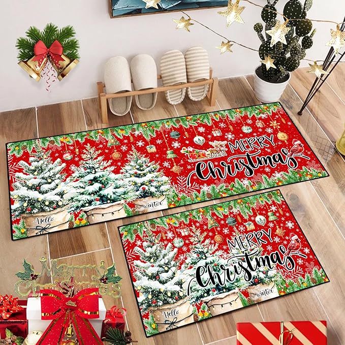 ACZHHZC Merry Christmas Kitchen Rugs and Mats Set of 2, Winter Snowflake Xmas Tree Holiday Home Kitchen Decor Floor Mats, Washable Non-Slip Sink Carpet (Christmas 1, 17"x47"+17"x30")