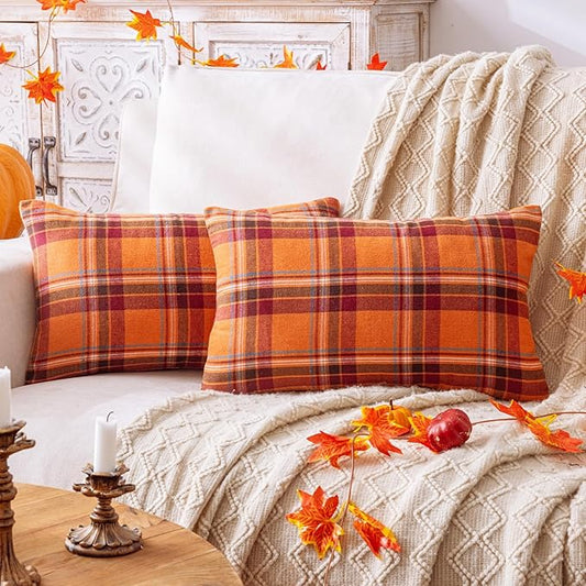Fall Plaid Orange Red Throw Pillow Covers 12x20 Inch, Set of 2 Autumn Decorative Throw Pillows for Couch Sofa Bed Living Room Home Decor, Accent Pillow Cases for Farmhouse Couch Cushion Covers