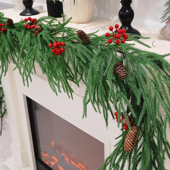 9FT Christmas Garland Real Touch Norfolk Pine Garland Faux Realistic Greenery Garland with Pine Cones and Berries for Mantle Fireplace Stairs Indoor Outdoor Decoration