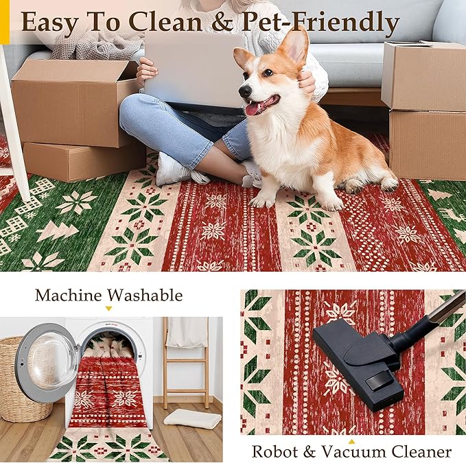 Christmas Red Area Rug 2x3 Washable Snowflake Carpet Non Slip Holiday Decorative Accent Doormat Xmas Boho for Entrance Bathroom Laundry Kitchen Dining Room