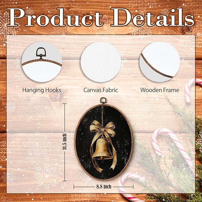 Hxlac Vintage Dark Christmas Gold Bell Oval Wall Art Framed, Moody Christmas Bell Oval Wall Decor, Cottagecore Xmas Hanging Canvas Prints Wall Sculptures for Home Living Room Decor, 8.5x11.5 Inch