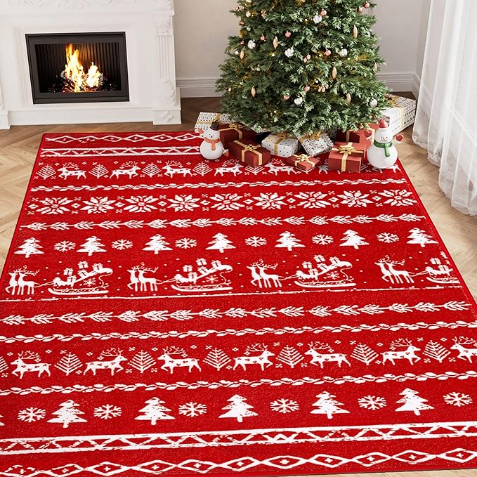 Christmas Area Rug 3x5 Red Office Washable Carpet Xmas Snowflake Holiday Decor Doormat Entryway Soft Low Pile Non Slip Indoor Throw Rug Kitchen Living Room Bedroom Entrance Dining Room