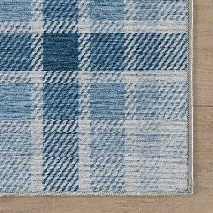 Dash & Albert Andri Plaid Blue Machine Washable Rug, 9.5 X 13.5 Feet, Blue/White Plaid Pattern
