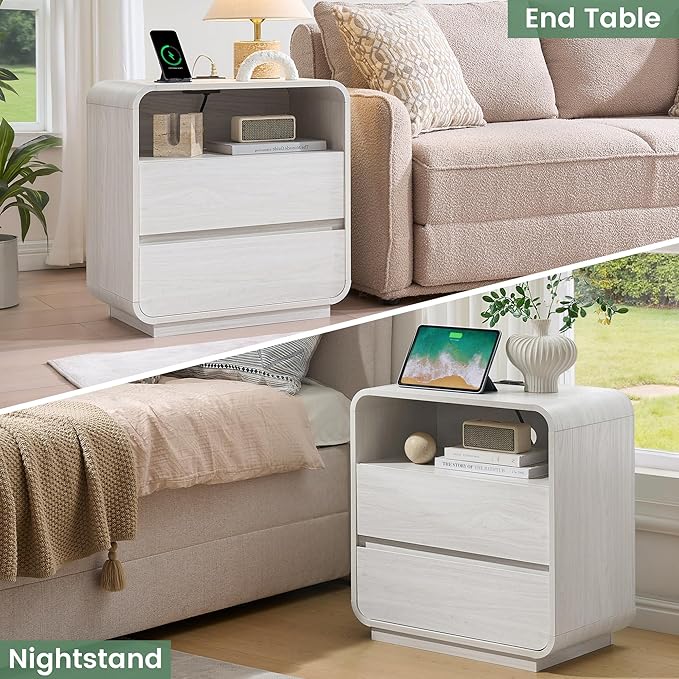 White Nightstand with Charging Station, 25" Tall Wood Bedside Table, Modern End Table with 2 Storage Drawers, Curved Profile, Mid Century Night Stand for Bedroom, Dorm, Sofa, Office
