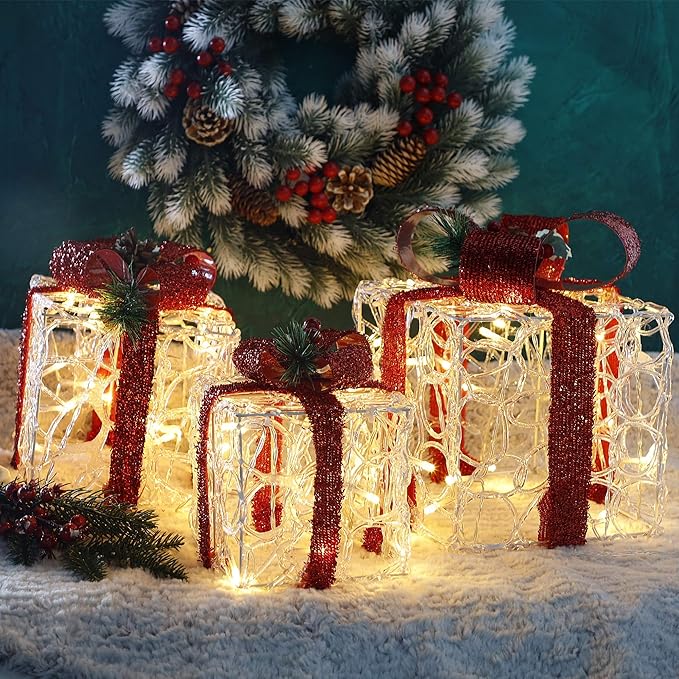 ATDAWN Set of 3 Lighted Gift Boxes Christmas Decorations, Clear Acrylic Present Boxes, Christmas Home Gift Box Decorations